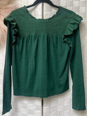 English Factory 100% Cotton Hunter Green Ruffle Long Sleeve Top Shirt Size S